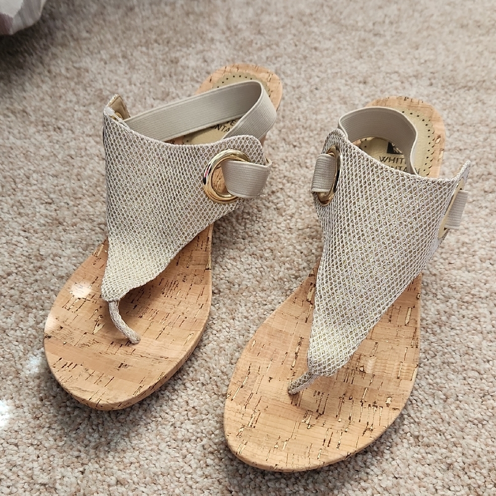 Cream Cork Wedge Thong Sandals with Gold Ring Accent